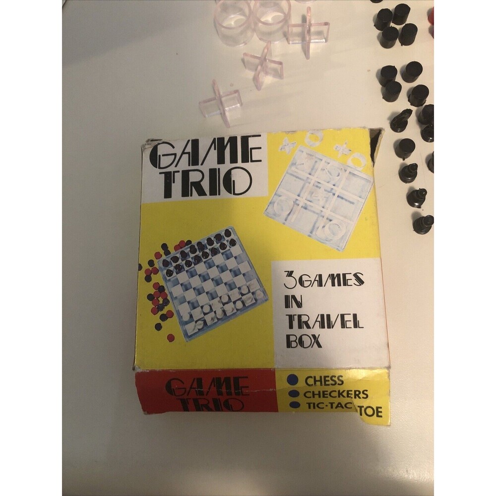 Vintage Game Trio 3 Gamesβ In Travel Box 1974 VTG Chess, Checkers, Tic Tac Toe